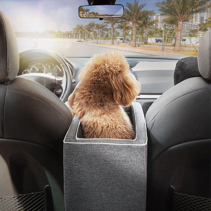 Pet Car Seat Console Booster | Elevated Travel Carrier | Safety Strap &amp; Breathable Mesh