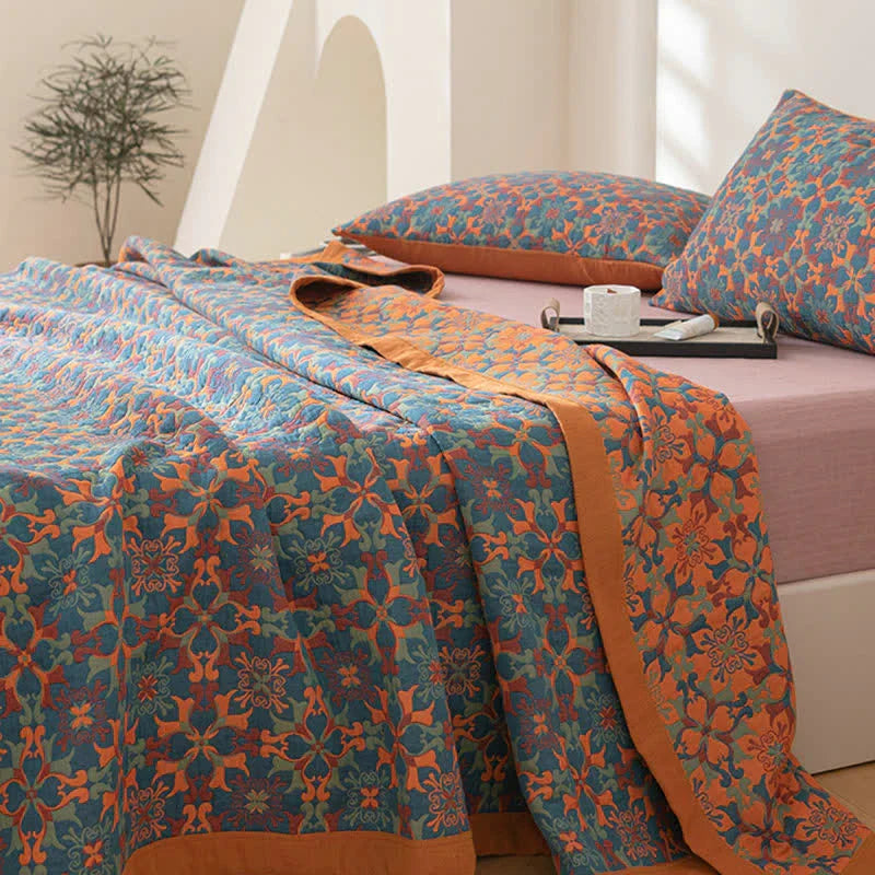 Quilt Blanket | Six-Layer Cotton Construction | Blue Patterned Design | 94.5 in Length