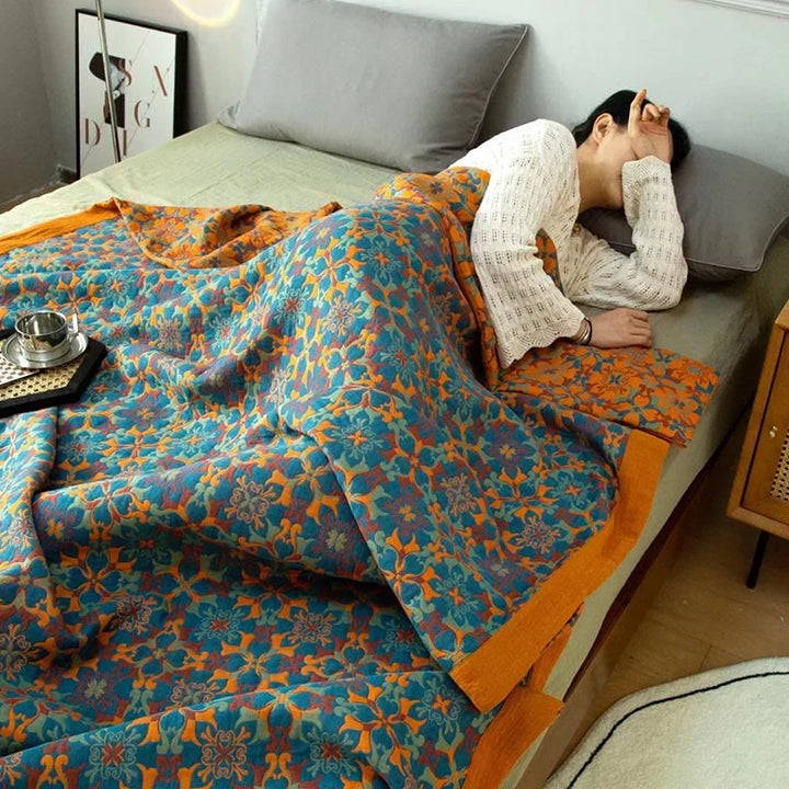 Quilt Blanket | Six-Layer Cotton Construction | Blue Patterned Design | 94.5 in Length