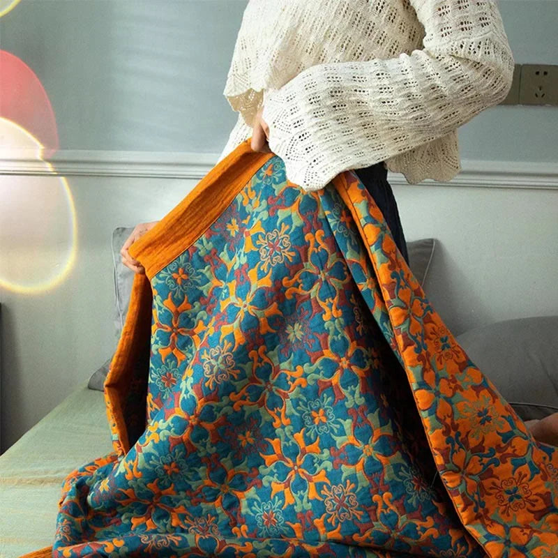 Quilt Blanket | Six-Layer Cotton Construction | Blue Patterned Design | 94.5 in Length