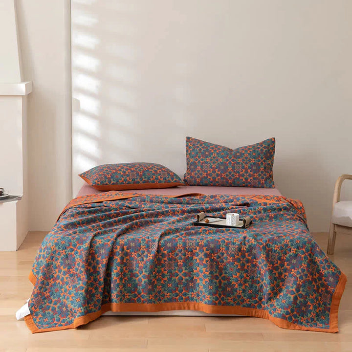 Quilt Blanket | Six-Layer Cotton Construction | Blue Patterned Design | 94.5 in Length