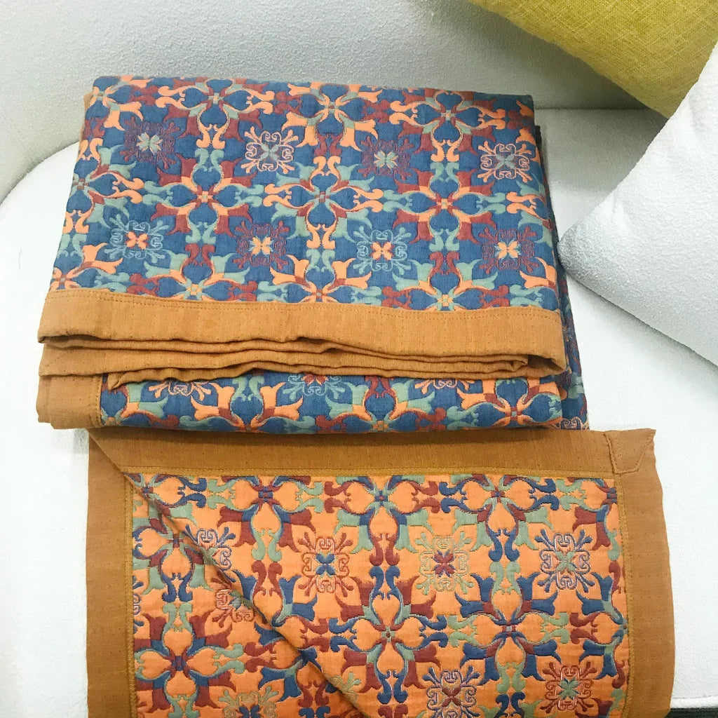 Quilt Blanket | Six-Layer Cotton Construction | Blue Patterned Design | 94.5 in Length