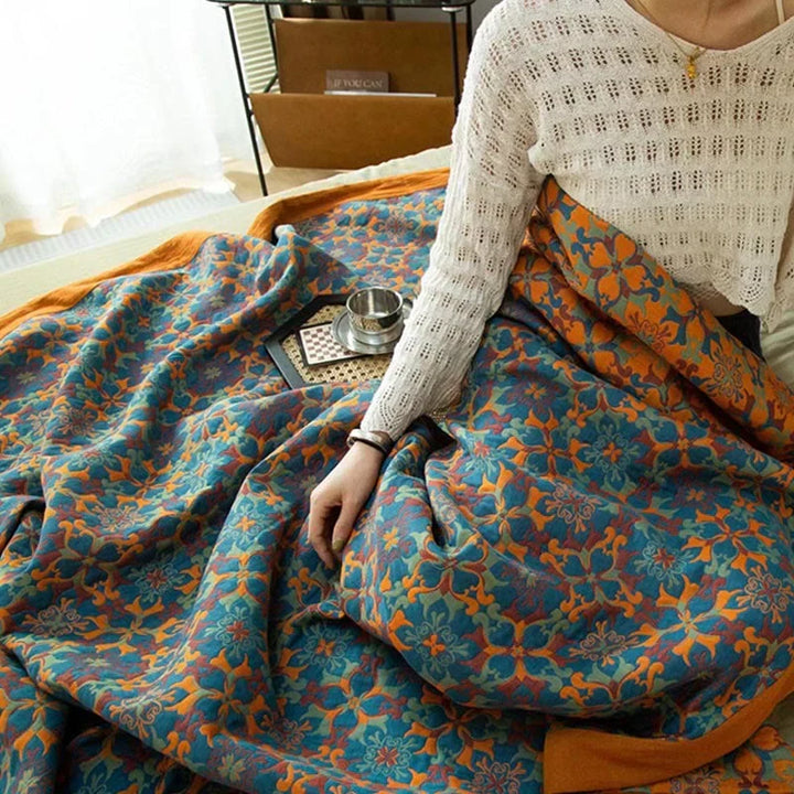 Quilt Blanket | Six-Layer Cotton Construction | Blue Patterned Design | 94.5 in Length