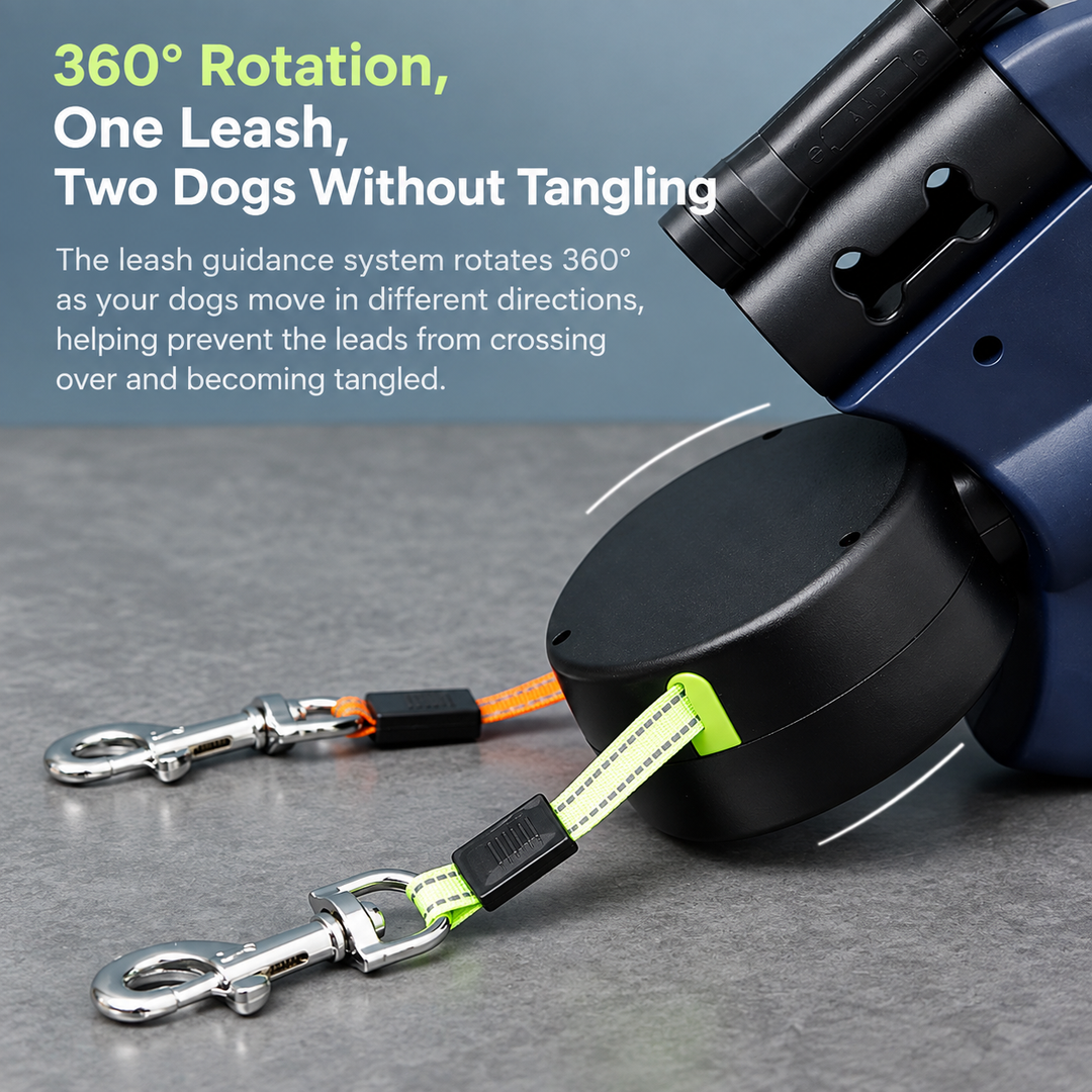 Retractable Dual Dog Leash | Tangle-Free 360° Swivel Design | LED Light for Safe Night Walks