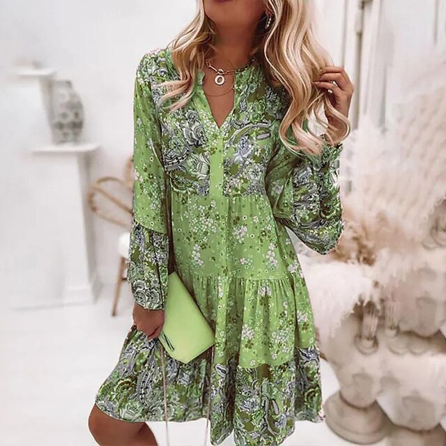 Riley - Boho Women's Wedding Guest Dress with Floral Print and Ruffle Hem