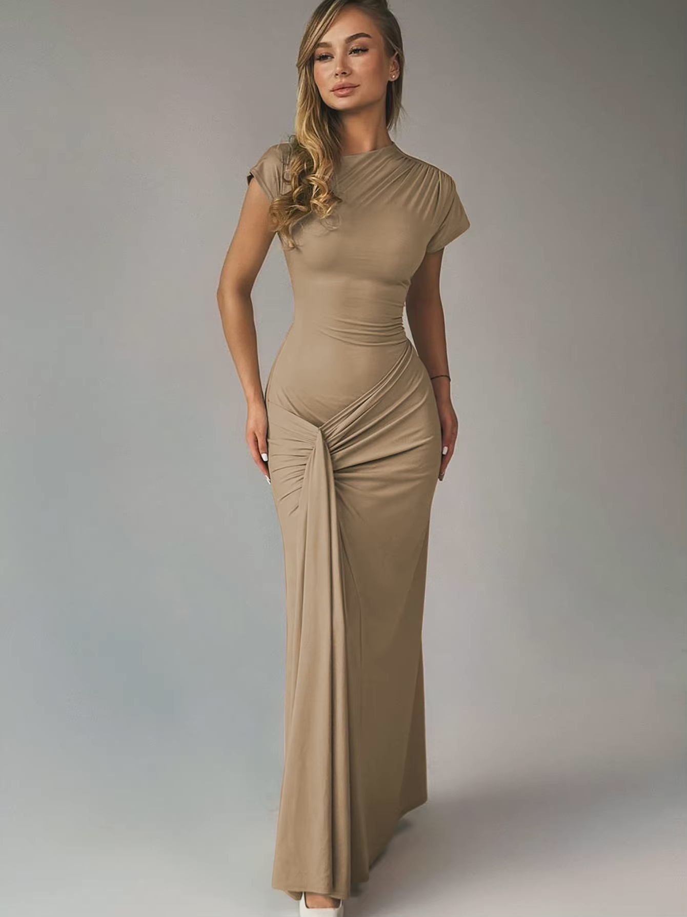 Riley - Elegant Women's Wedding Guest Dress with Mock Neck and Ruched Maxi Silhouette