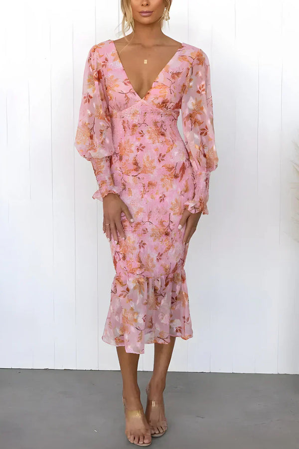 Rosalie - Romantic Women's Wedding Guest Dress with Puff Sleeves and Floral Midi Ruffle Hem