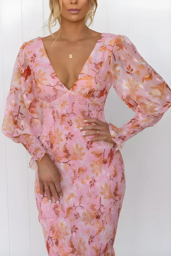 Rosalie - Romantic Women's Wedding Guest Dress with Puff Sleeves and Floral Midi Ruffle Hem