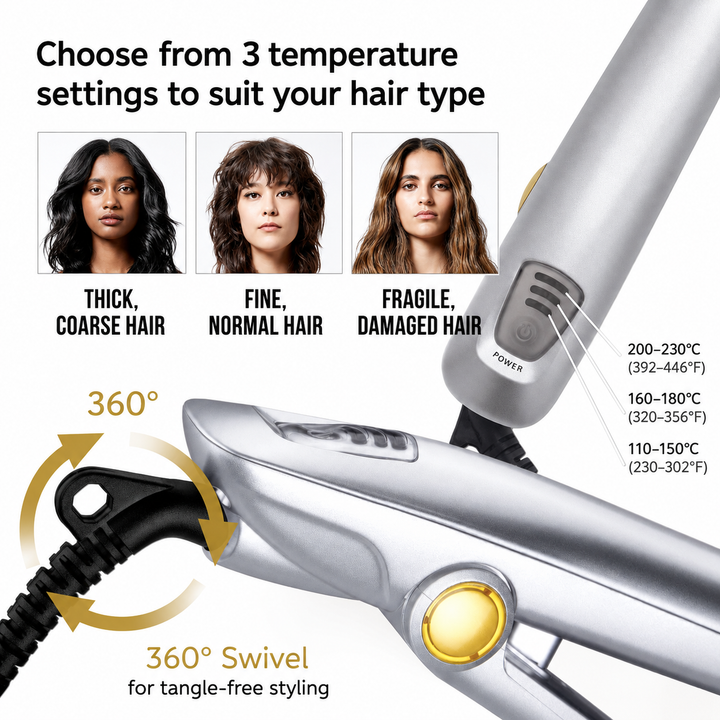 Rotating Hair Styler | 2-in-1 Curling Iron &amp; Straightener | Tourmaline Ceramic Barrel with Ionic Technology
