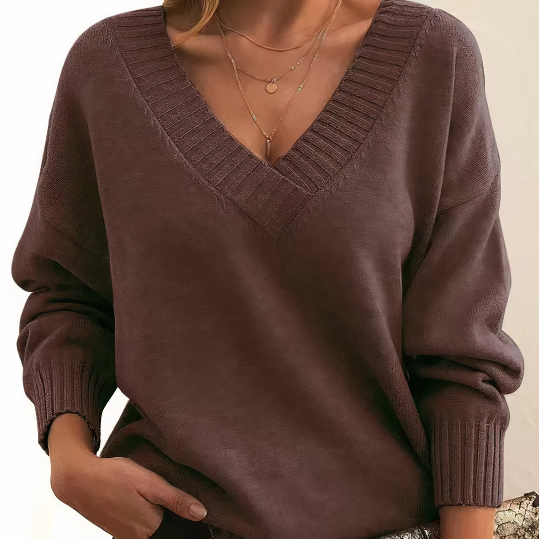 Ruby - Women’s v neck sweater with knitted long sleeve and ribbed cuffs