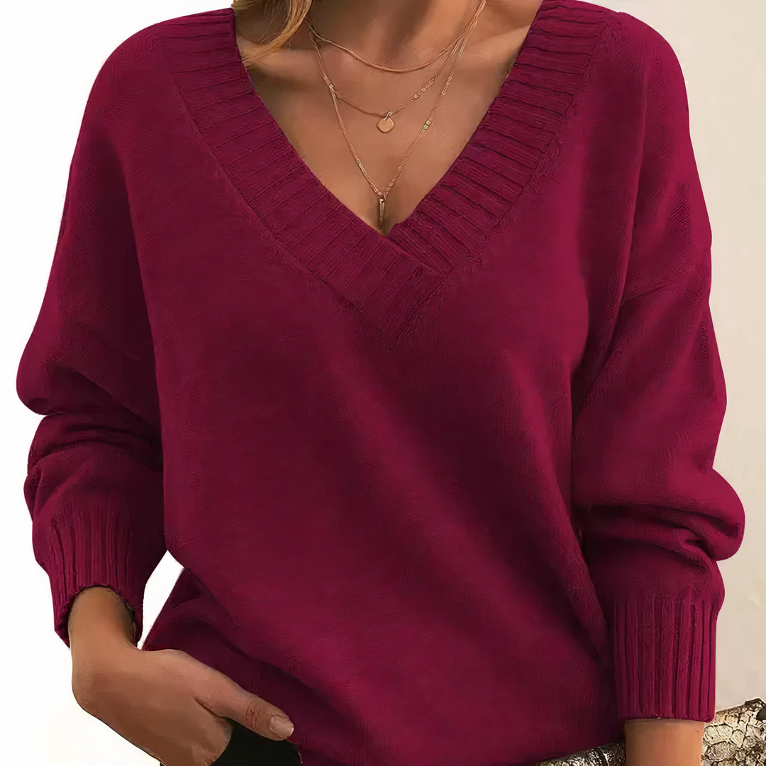 Ruby - Women’s v neck sweater with knitted long sleeve and ribbed cuffs