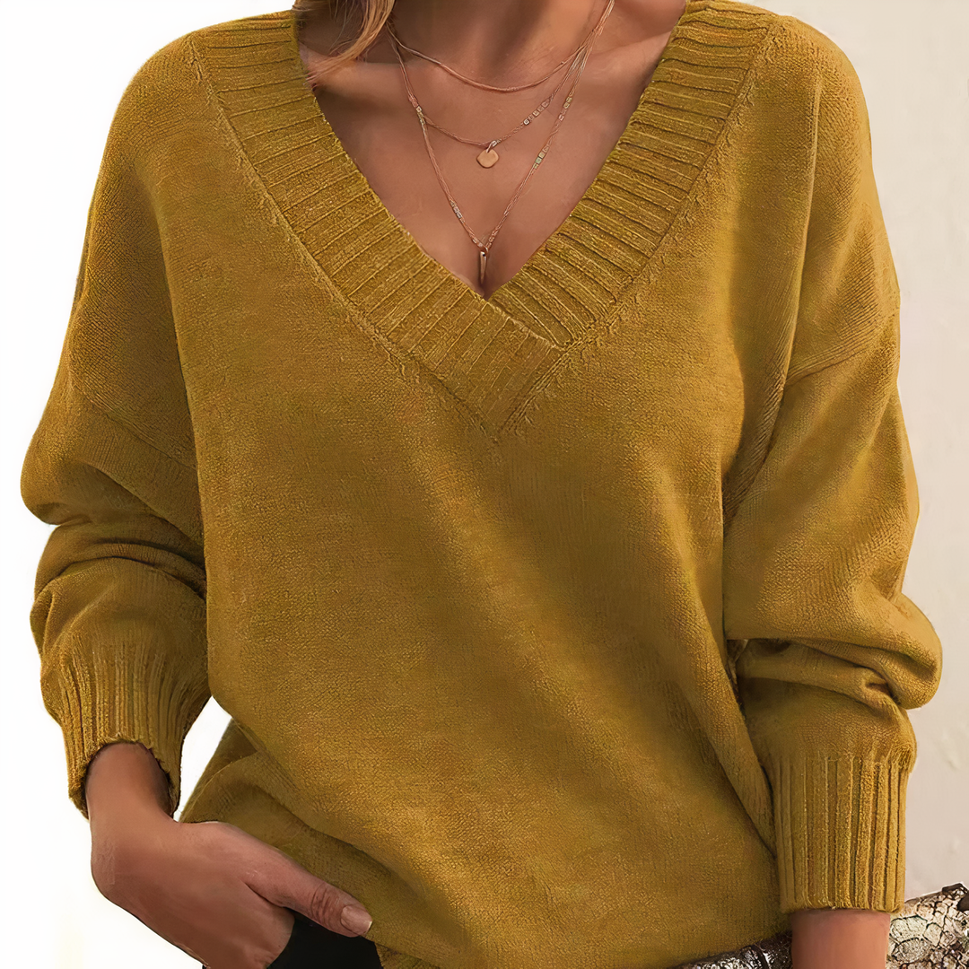 Ruby - Women’s v neck sweater with knitted long sleeve and ribbed cuffs