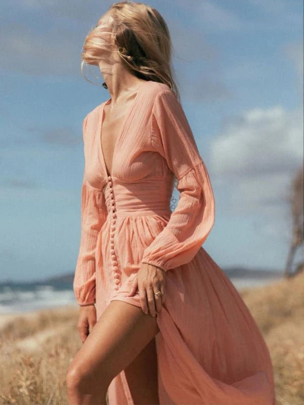 Sienna - Flowy Women's Boho Maxi Dress with Deep V-Neck and Button Front