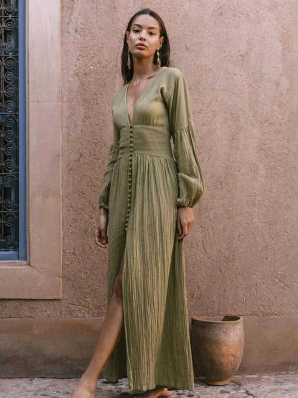 Sienna - Flowy Women's Boho Maxi Dress with Deep V-Neck and Button Front