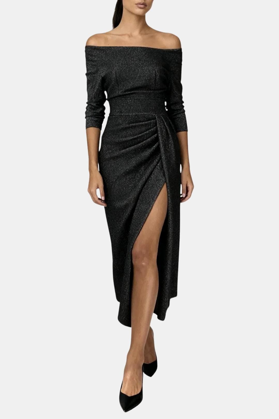 Sophia - Glam Women's Wedding Guest Dress with Off-Shoulder Neckline and Thigh Split