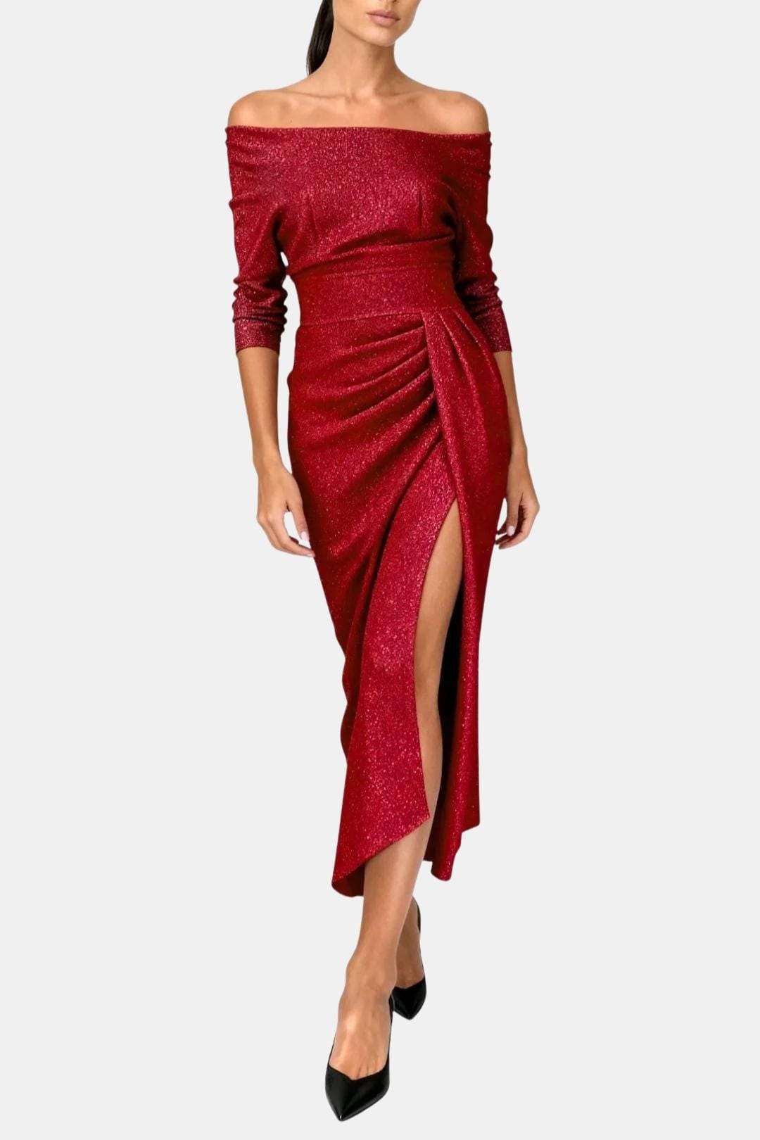 Sophia - Glam Women's Wedding Guest Dress with Off-Shoulder Neckline and Thigh Split