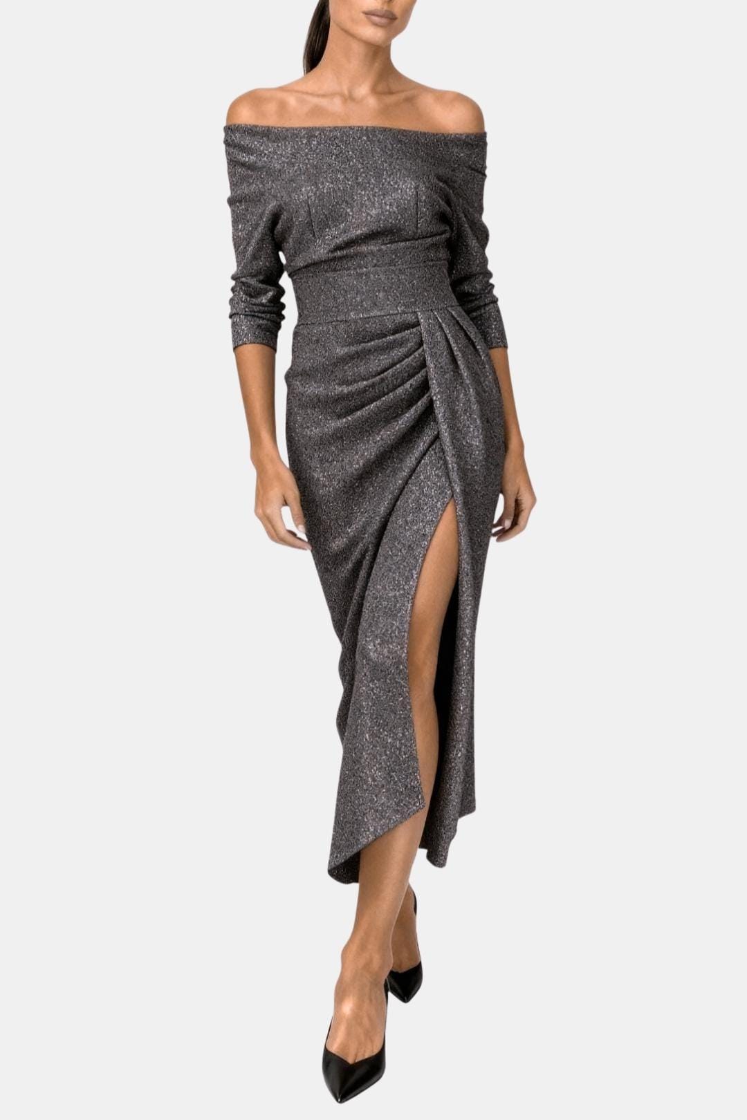 Sophia - Glam Women's Wedding Guest Dress with Off-Shoulder Neckline and Thigh Split