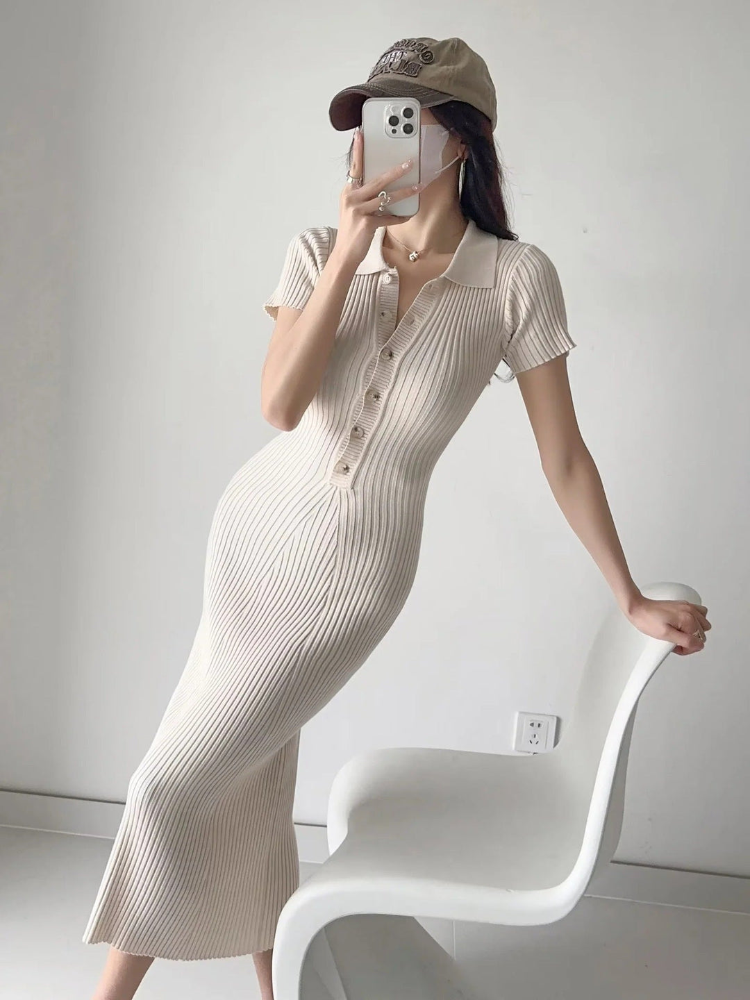 Sophia - Women’s knit sweater midi dress with short sleeve and button front