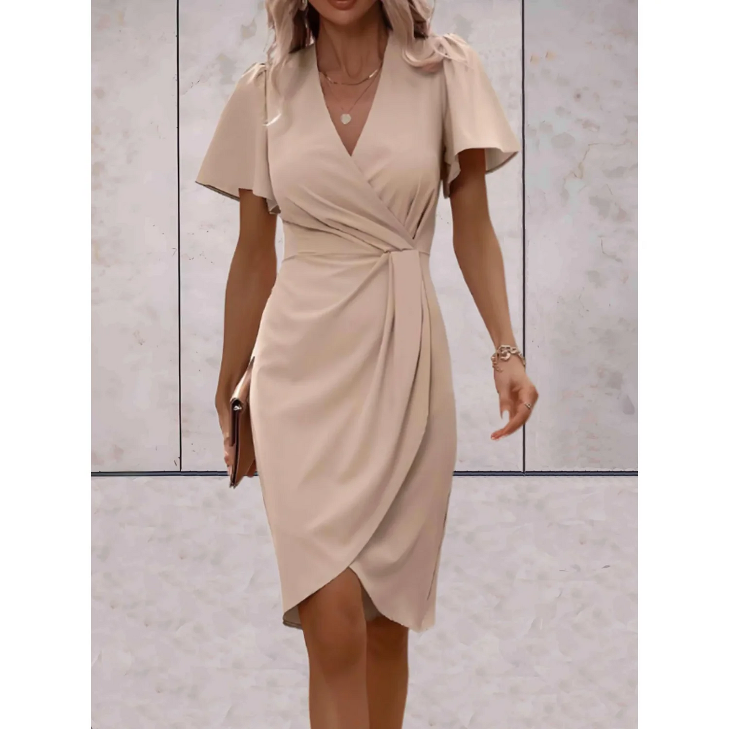 Stella - Elegant Women's Wedding Guest Dress with Wrap V-Neck and Flutter Sleeves