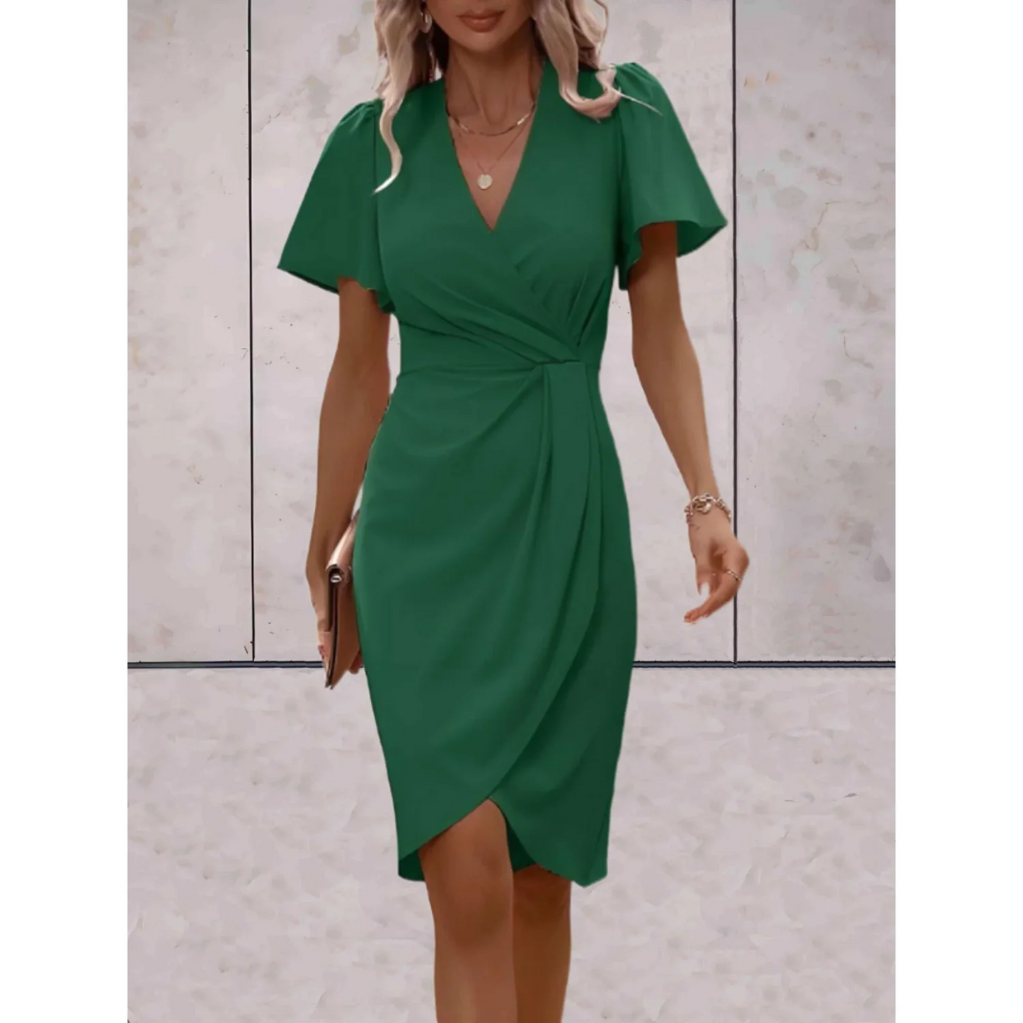 Stella - Elegant Women's Wedding Guest Dress with Wrap V-Neck and Flutter Sleeves