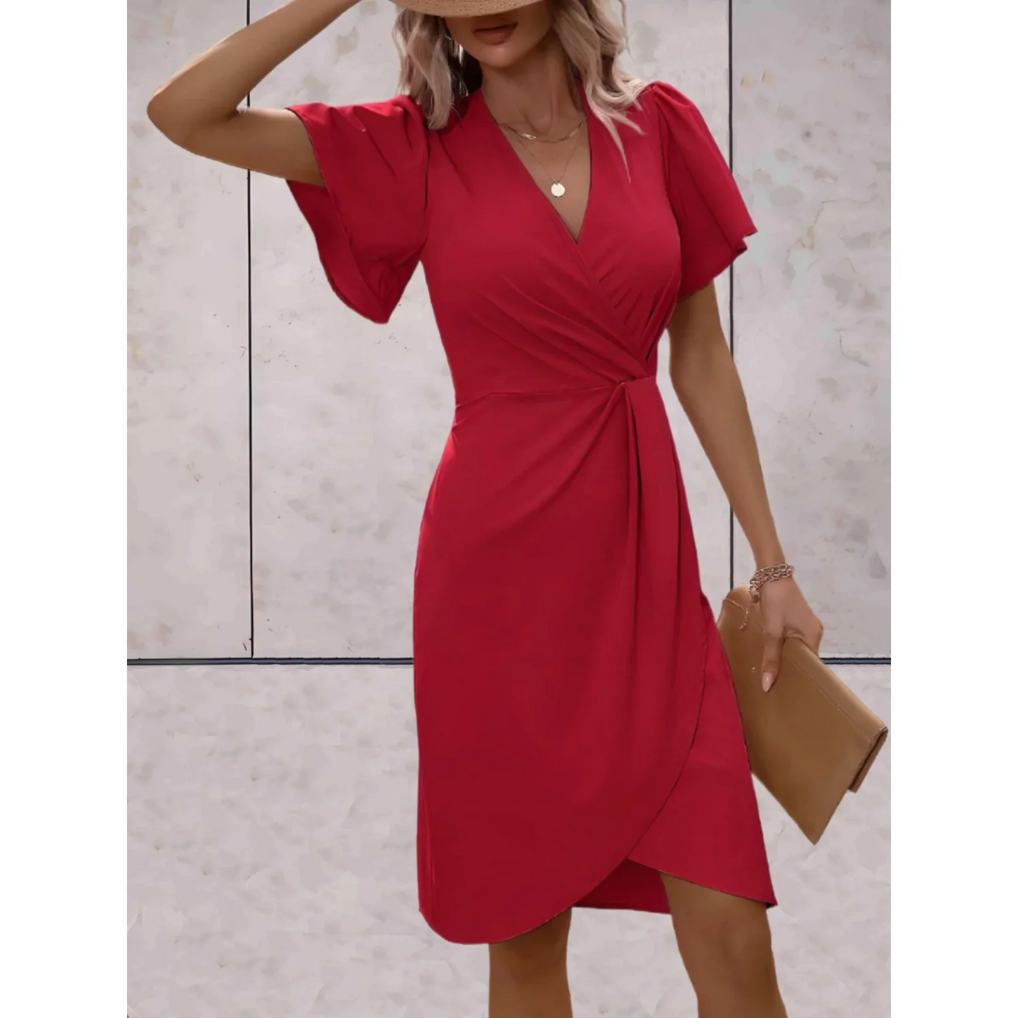 Stella - Elegant Women's Wedding Guest Dress with Wrap V-Neck and Flutter Sleeves