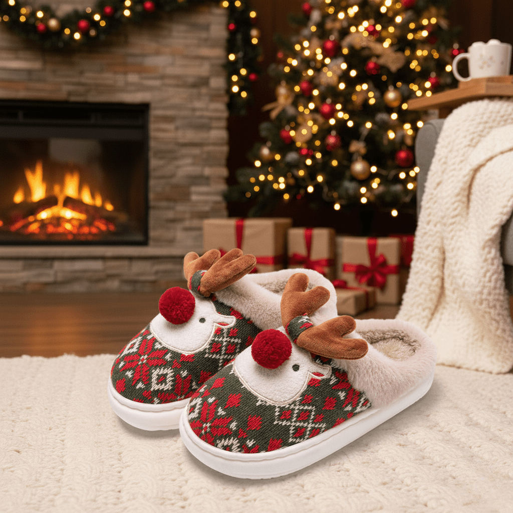 Unisex Christmas Slippers | Embroidered Holiday Design | Plush Lining &amp; Non-Slip Sole