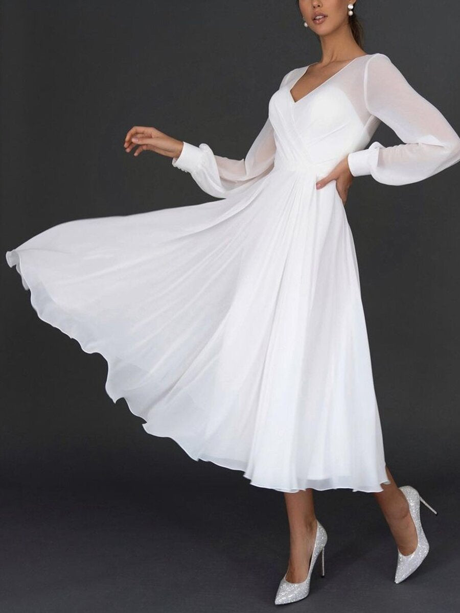 Victoria - Elegant Women's Wedding Guest Dress with V-Neck and Flowing Long Sleeves