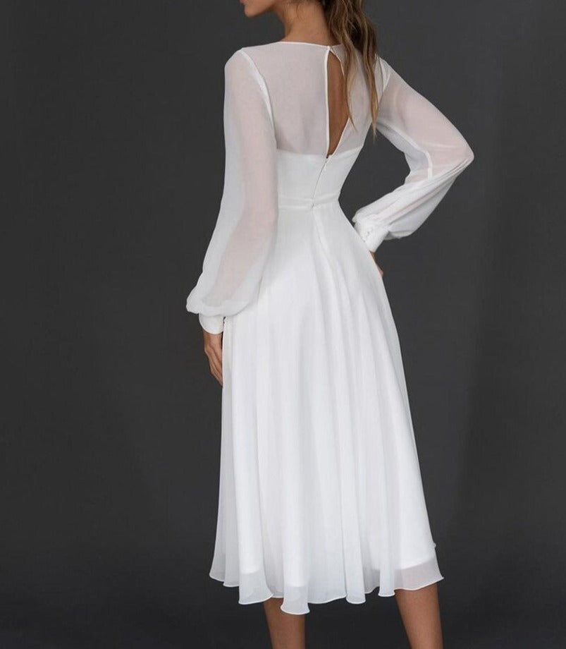 Victoria - Elegant Women's Wedding Guest Dress with V-Neck and Flowing Long Sleeves