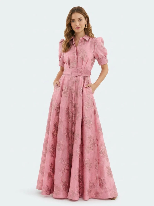 Vivienne - Elegant Women's Wedding Guest Maxi Dress with Puff Sleeve and Belted Waist