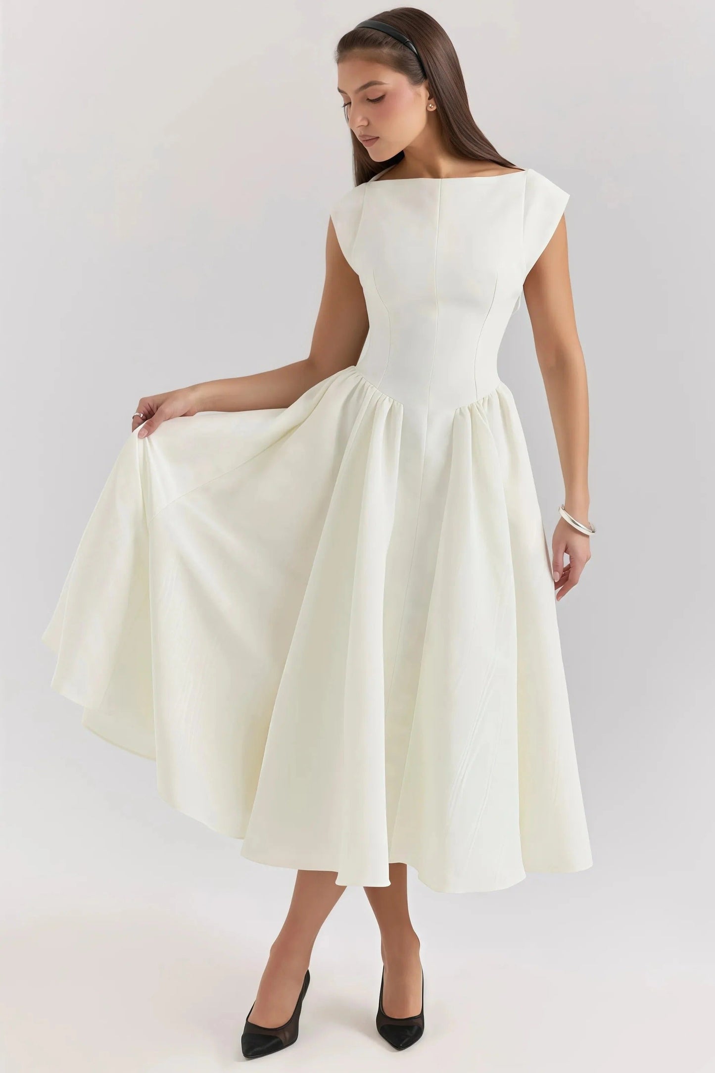 Vivienne - Elegant Women's Wedding Guest Midi Dress with Bateau Neckline and Full Pleated Skirt