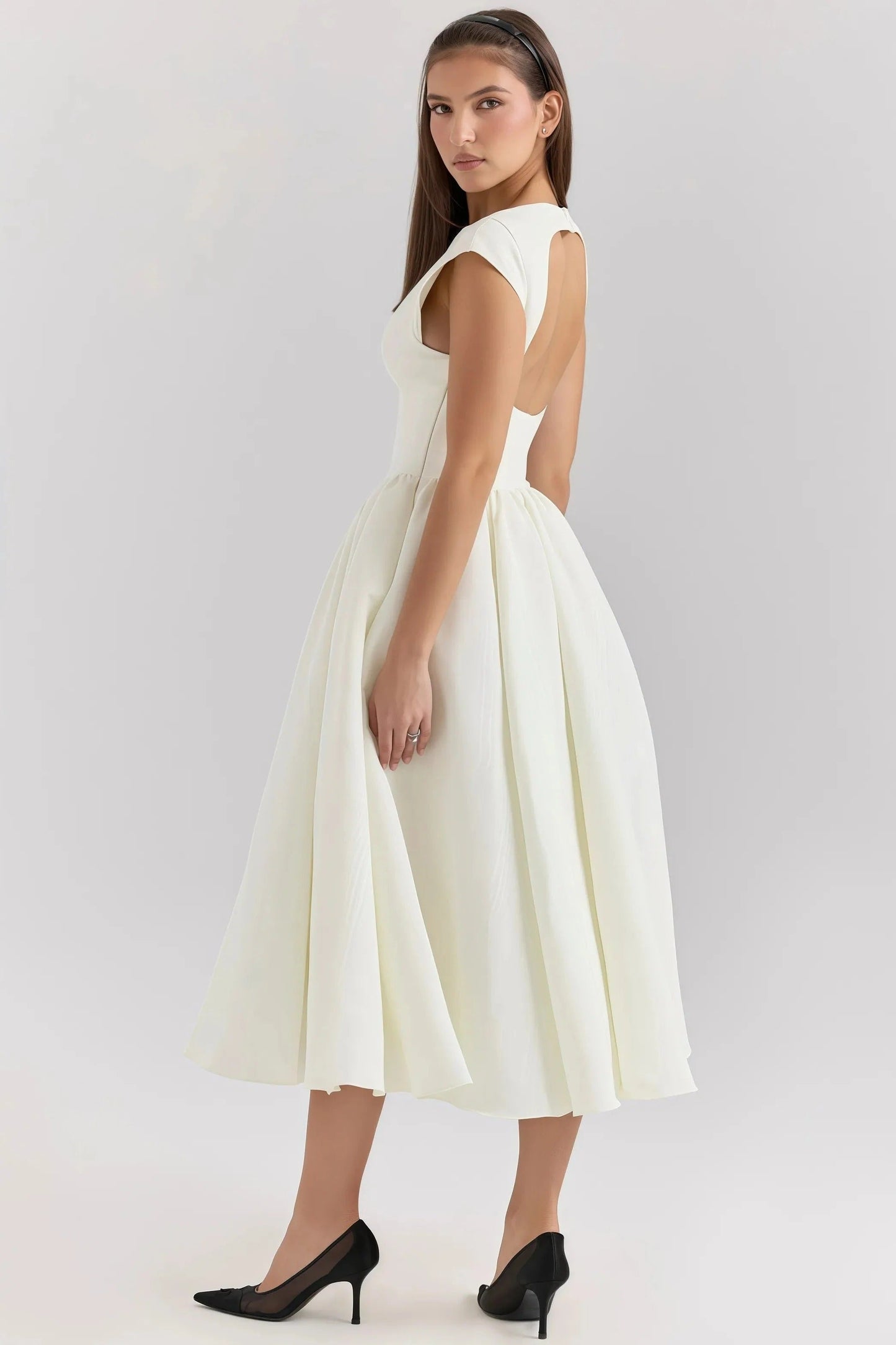 Vivienne - Elegant Women's Wedding Guest Midi Dress with Bateau Neckline and Full Pleated Skirt