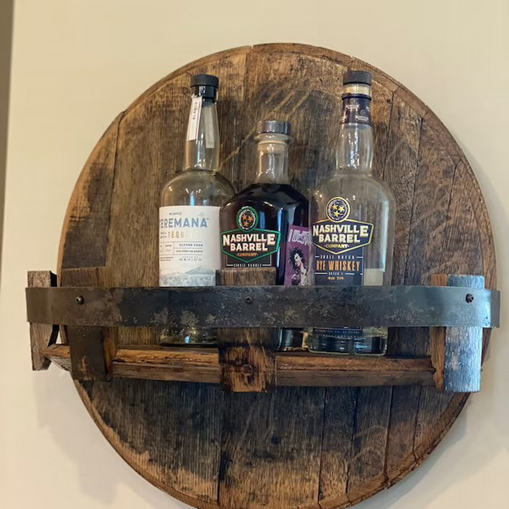 Whiskey Barrel Wall Shelf | Rustic Solid Wood Design | Round Display Shelf