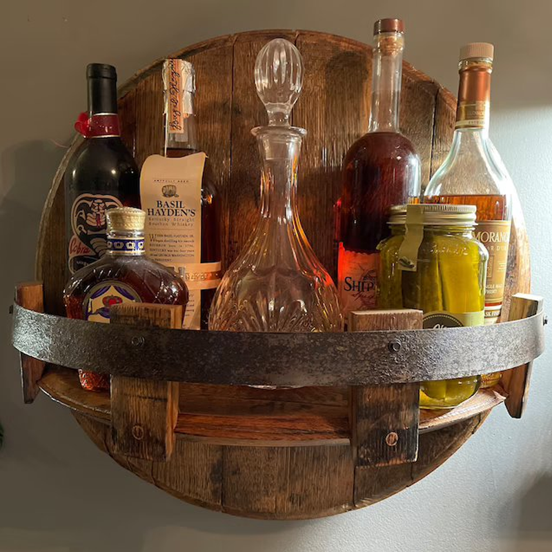 Whiskey Barrel Wall Shelf | Rustic Solid Wood Design | Round Display Shelf