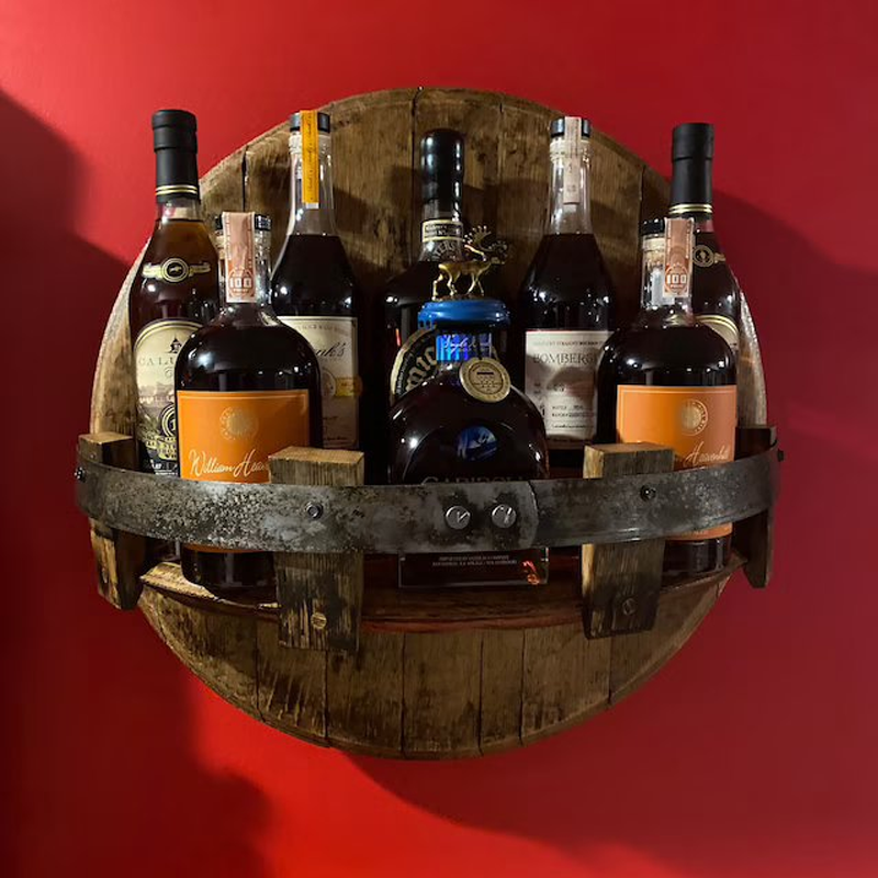 Whiskey Barrel Wall Shelf | Rustic Solid Wood Design | Round Display Shelf