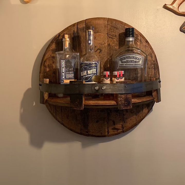 Whiskey Barrel Wall Shelf | Rustic Solid Wood Design | Round Display Shelf