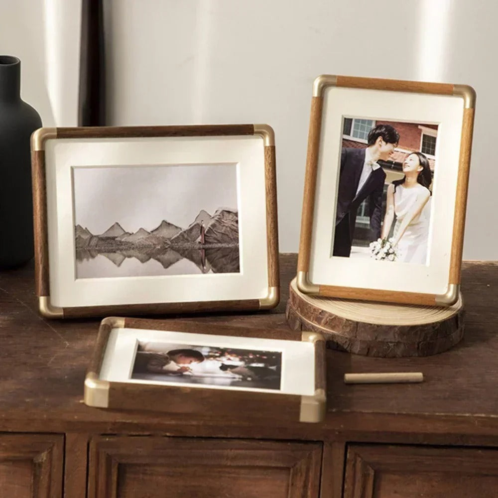 Wood Tabletop Photo Frame | Solid Wood Frame with Metal Corner Accents | Freestanding Picture Display