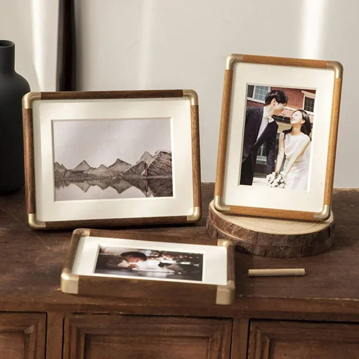 Wood Tabletop Photo Frame | Solid Wood Frame with Metal Corner Accents | Freestanding Picture Display