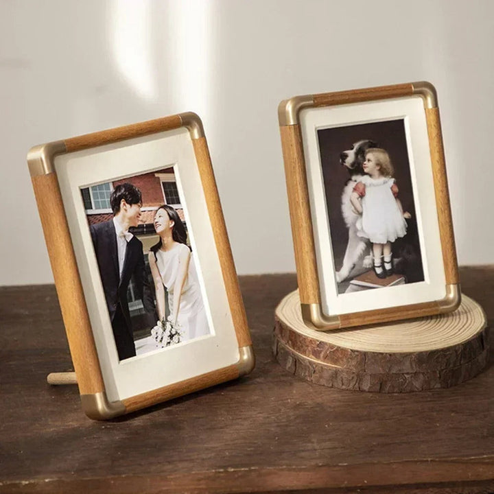 Wood Tabletop Photo Frame | Solid Wood Frame with Metal Corner Accents | Freestanding Picture Display