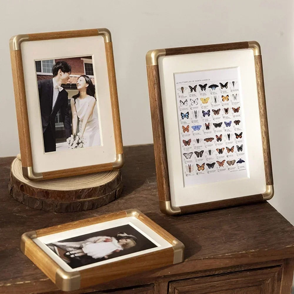 Wood Tabletop Photo Frame | Solid Wood Frame with Metal Corner Accents | Freestanding Picture Display