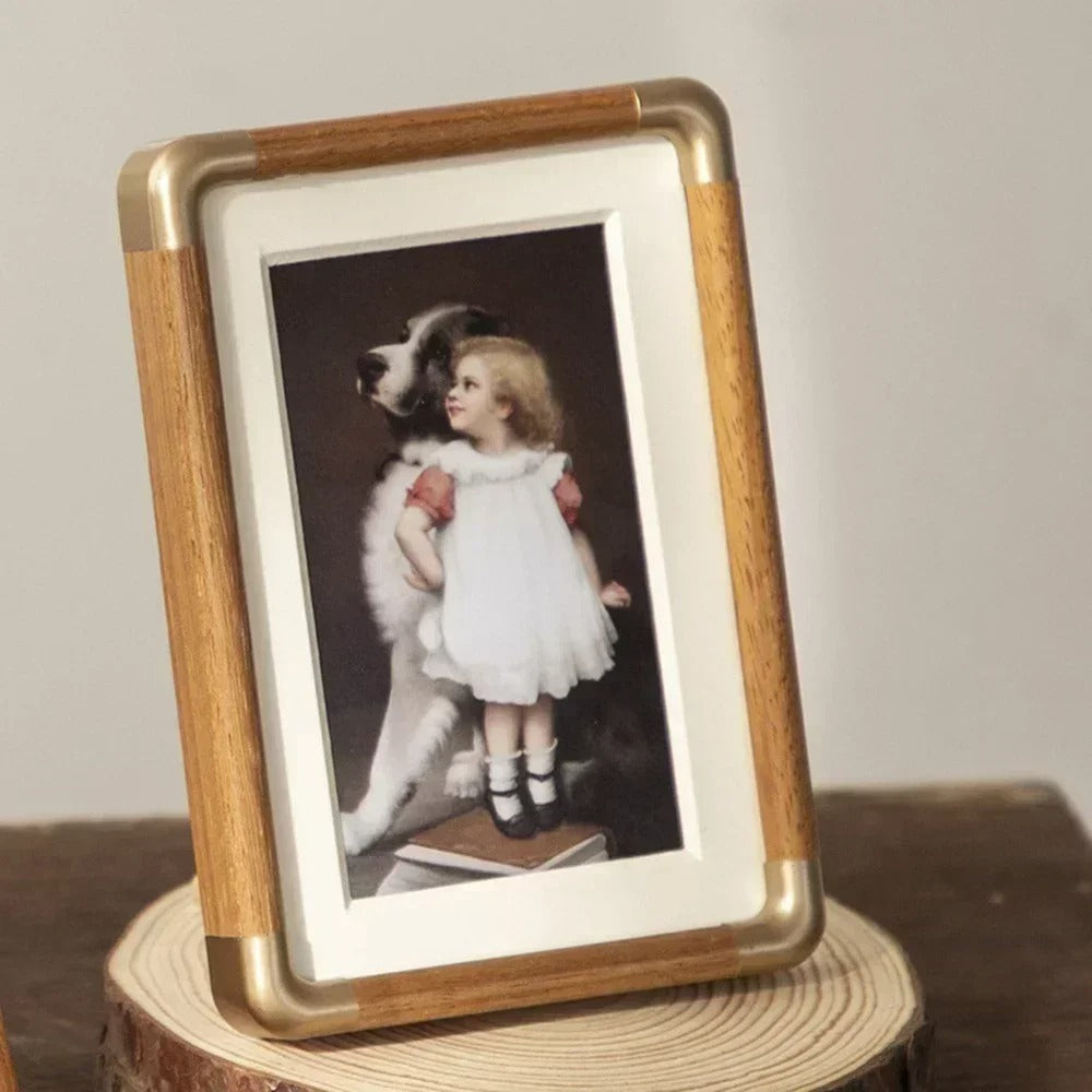 Wood Tabletop Photo Frame | Solid Wood Frame with Metal Corner Accents | Freestanding Picture Display