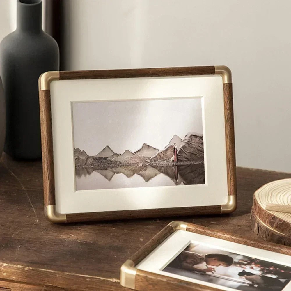 Wood Tabletop Photo Frame | Solid Wood Frame with Metal Corner Accents | Freestanding Picture Display