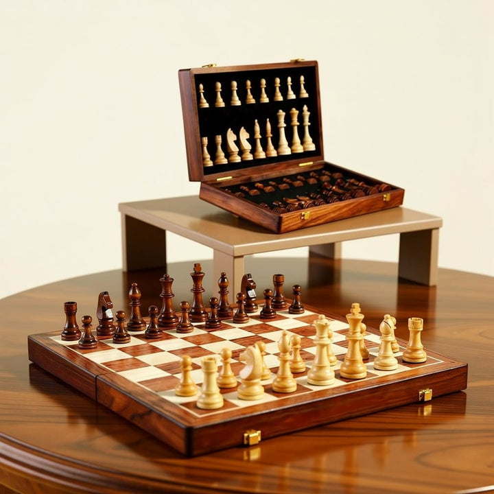 Wooden Chess Set - Foldable Solid Wood Board with Storage