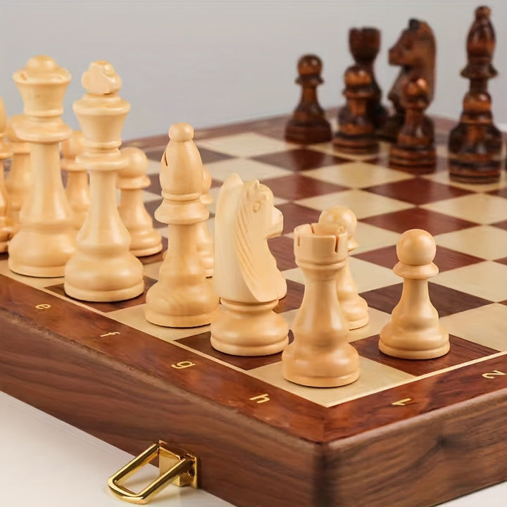 Wooden Chess Set - Foldable Solid Wood Board with Storage
