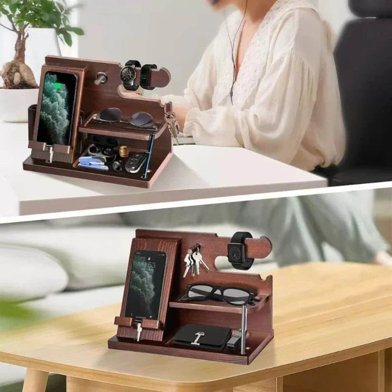 Wooden Docking Station Organizer | Phone Stand &amp; Everyday Essentials Holder | Compact Desktop Storage