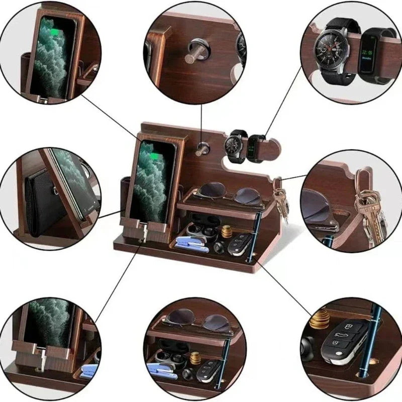 Wooden Docking Station Organizer | Phone Stand &amp; Everyday Essentials Holder | Compact Desktop Storage