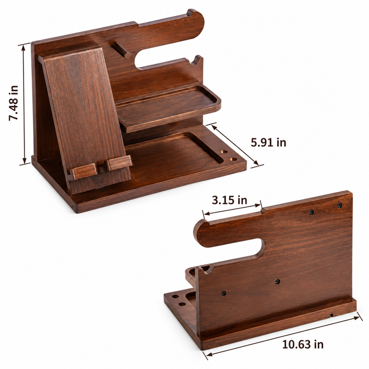 Wooden Docking Station Organizer | Phone Stand &amp; Everyday Essentials Holder | Compact Desktop Storage