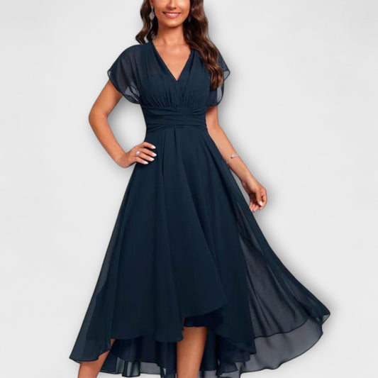 Zoe - Elegant Women's Wedding Guest Dress with Flutter Sleeves and Hi-Low Hem