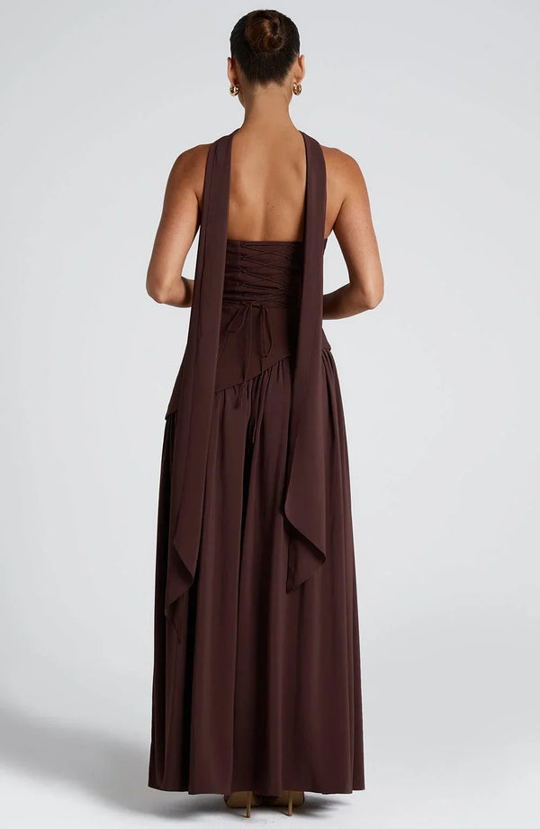 Zoe - Formal Women's Wedding Guest Dress with Halter Scarf Neck and Thigh Slit