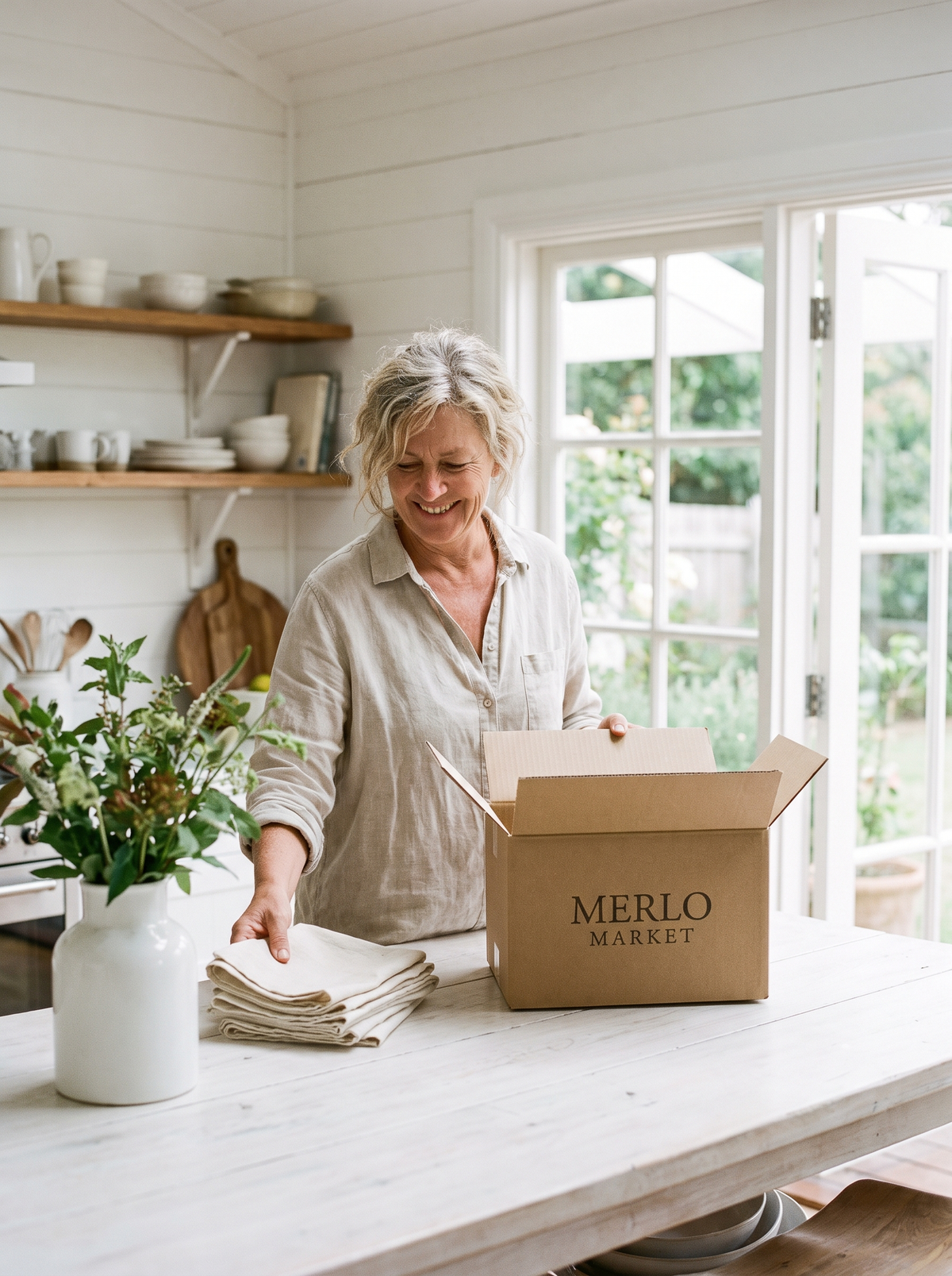 Woman unpacking linens from a Merlo Market box in a bright farmhouse kitchen