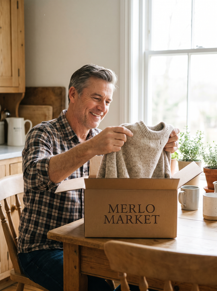 Man lifting a knit sweater from a Merlo Market box